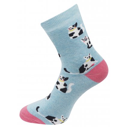 Dámské froté ponožky s potiskem černobílé kočky NV8865, modré barvy 9001499-2