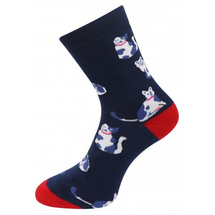 Dámské froté ponožky s potiskem modrobílé kočky NV8865, tmavě modré barvy 9001499-3