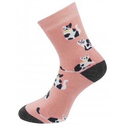 Dámské froté ponožky s potiskem černobílé kočky NV8865, růžové barvy 9001499-4