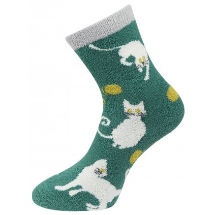Dámské chlupaté termo ponožky s kočkami NB8917, zelené barvy 9001502-3