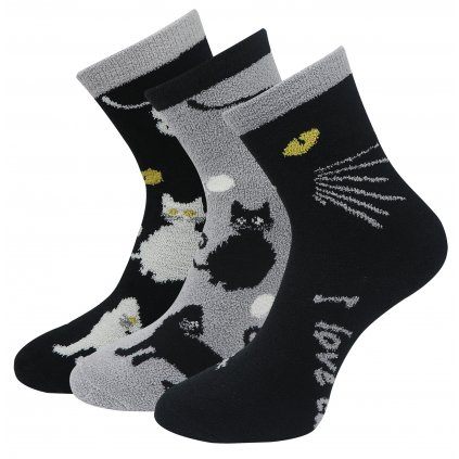 Zvýhodněný set 3 párů, chlupatých termo ponožek s kočkami - černé barvy A14