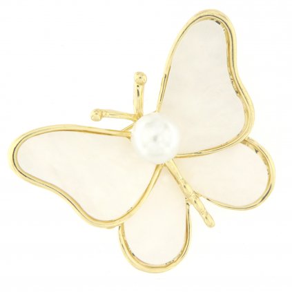 Brož - motýl, ozdobený perleťovým kamínkem a perlou - bílé barvy 9001493