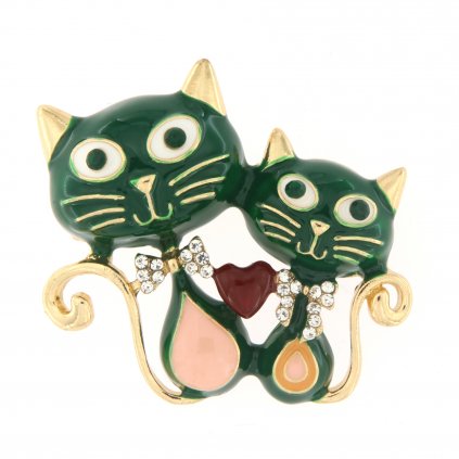 Brož - zamilované kočky se zirkony, zelené barvy 9001492-2