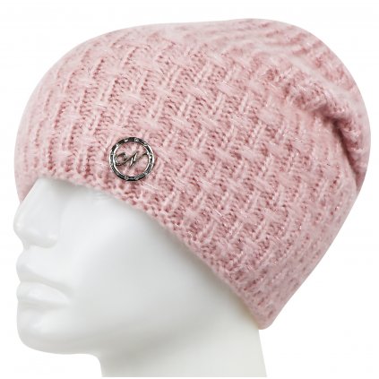 Dámská pletená zimní čepice s kovovou ozdobou - růžová 7100386