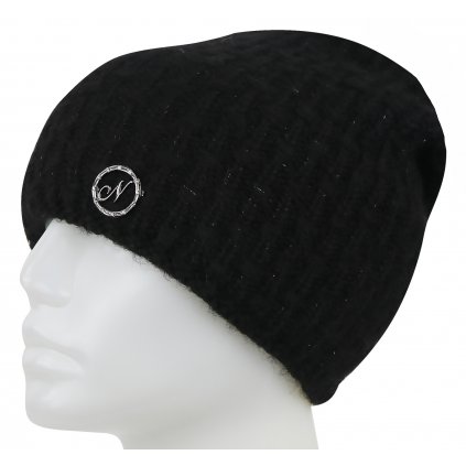Dámská pletená zimní čepice s kovovou ozdobou - černá 7100386-6