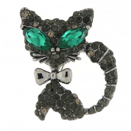 Brož - kočka s broušenými kamínky, černé barvy 9001536-1
