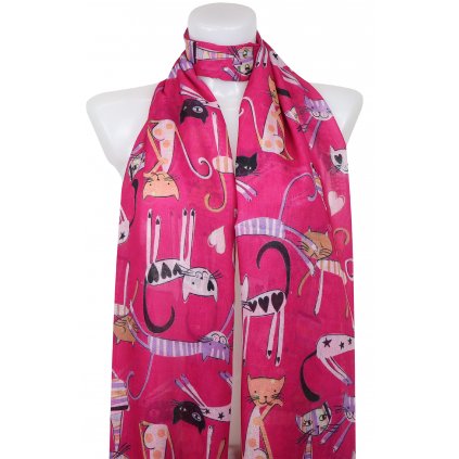 Dámský Dámský lehký obdélníkový šál s kočkami 378-5 - růžové barvy 7200607 šál s kočkami 378-5 - růžové barvy 7200607
