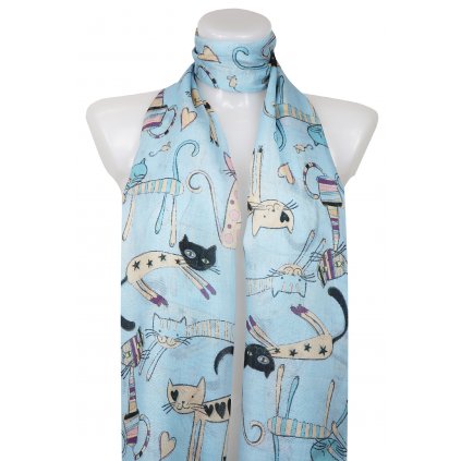 Dámský lehký obdélníkový šál s kočkami 378-5 - světle modré barvy 7200607-8