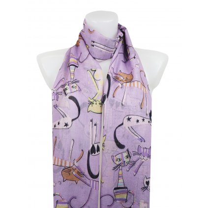 Dámský lehký obdélníkový šál s kočkami 378-5 - fialové barvy 7200607-9