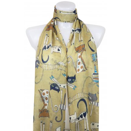 Dámský lehký obdélníkový šál s kočkami 378-5 - žluté barvy 7200607-10
