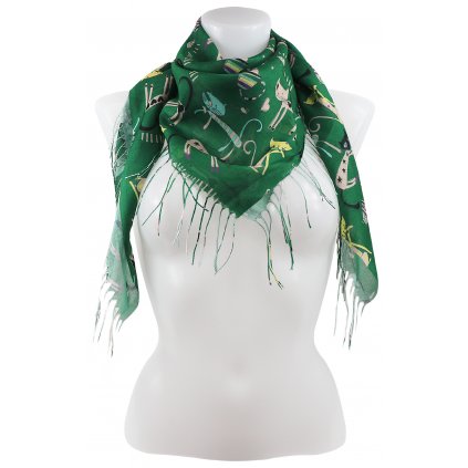 Dámský lehký čtvercový šátek 380-1 s potiskem kočiček - tmavě zelené barvy 7200606-9