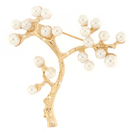 Brož - zlatý strom, vyskládaný bílými perličkami 9001547
