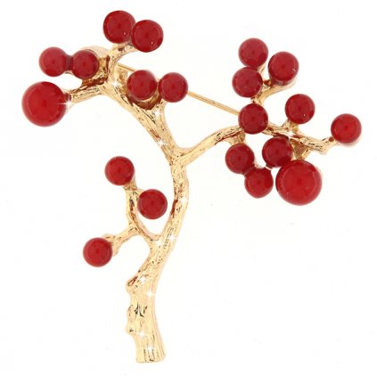 Brož - zlatý strom, vyskládaný červenými perličkami 9001547-1