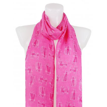 Dámský lehký obdélníkový šál 39501, kočičky - neonově růžové barvy 7200616-3