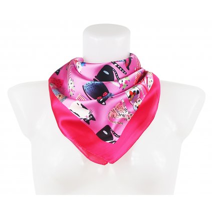 Dámský hedvábný šátek RR3050-02 letuška s potiskem koček, neonově růžové barvy 7200620-5