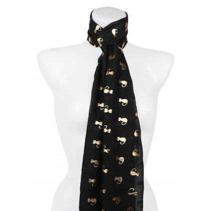 Dámský lehký obdélníkový šál 345-1 se zlatým potiskem koček, černé barvy 7200627-9