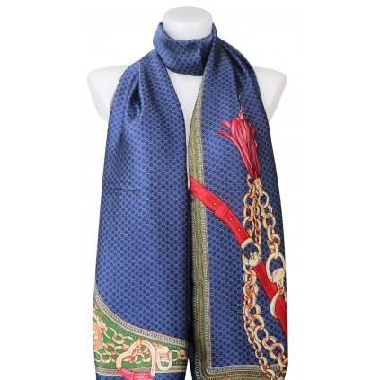 Dámský dlouhý saténový šátek 1912-5, potisk řetízků - modré barvy 7200429-4