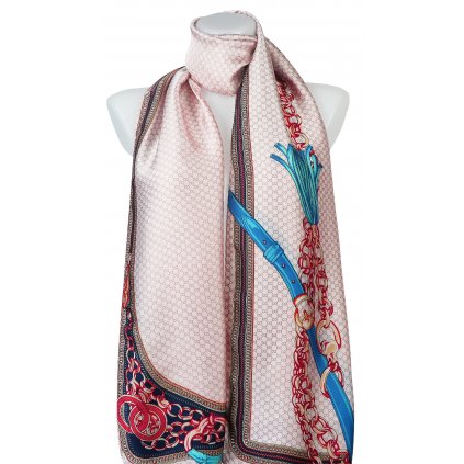 Dámský dlouhý saténový šátek 1912-5, potisk řetízků - růžové barvy 7200429-8