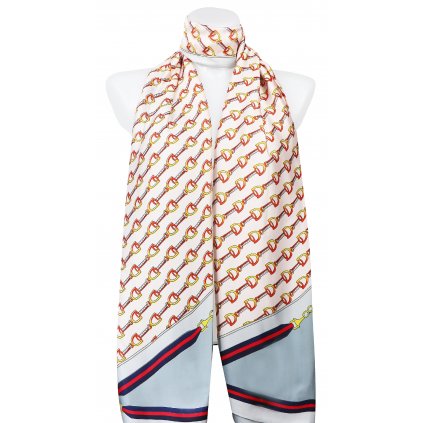 Dámský dlouhý saténový šátek 20120-21, potisk s řetízky - růžové barvy 7200429-19