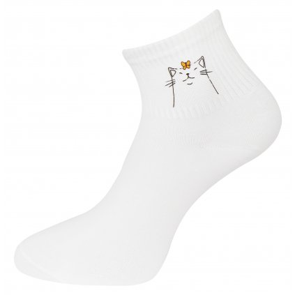 Dámské ponožky s potiskem NPX9581, kočka s motýlkem - bílé barvy 9001583-5