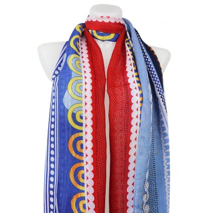 Dámský dlouhý obdélníkový šátek 2083-292, potisk s ornamenty - modré barvy 7200526