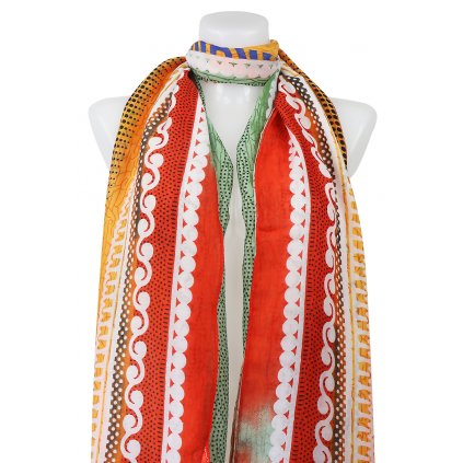 Dámský dlouhý obdélníkový šátek 2083-292, potisk s ornamenty - oranžové barvy 7200526-2