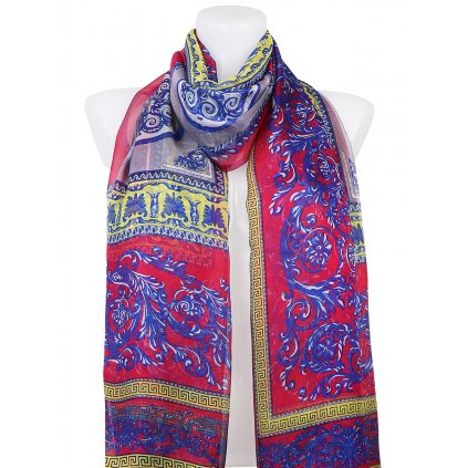 Dámský tenký obdélníkový šátek 20105-33 s ornamenty - červené barvy 7200649-2