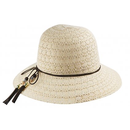 Dámský klobouk, béžové barvy s ozdobným provázkem, korálky a střapci 9001435-2
