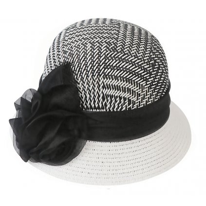 Dámský slaměný klobouk, černo-bílé provedení s ozdobnou růží 9001440