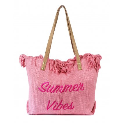 Bavlněná plážová taška T-502-5 s nápisem a střapci, růžové barvy 7302133-2