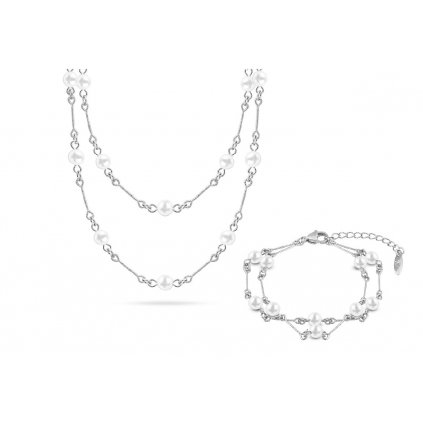 Rhodiovaný set s perlami, dvouřadý řetízek + náramek 3001704