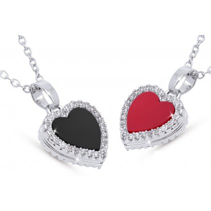 Řetízek z chirurgické oceli s přívěskem, oboustranné srdce s perletí, černé a červené barvy 3001800-2