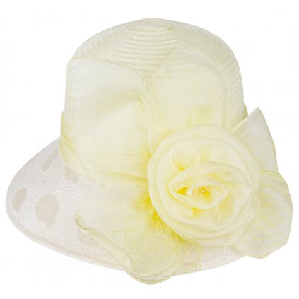 Dámský klobouk T23-20 s ozdobnou velkou růží, žluté barvy 9001628-3