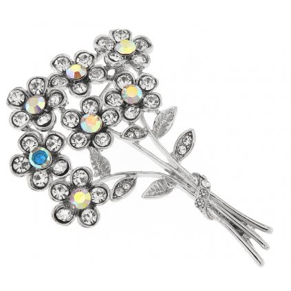 Brož - kytice rozkvetlých květin, stříbrné barvy 9001684