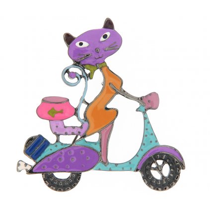 Brož - kočička na skútru, fialové barvy 9001670