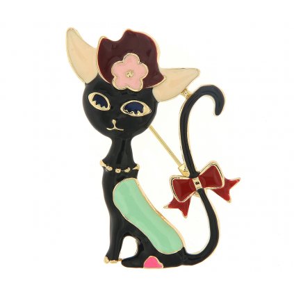 Brož - kočka s kloboukem, černé barvy 9001669