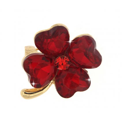 Brož - čtyřlístek s broušenými kamínky, červené barvy 9001690-1