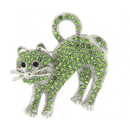 Brož - kočka s broušenými kamínky, zelené barvy 9001696