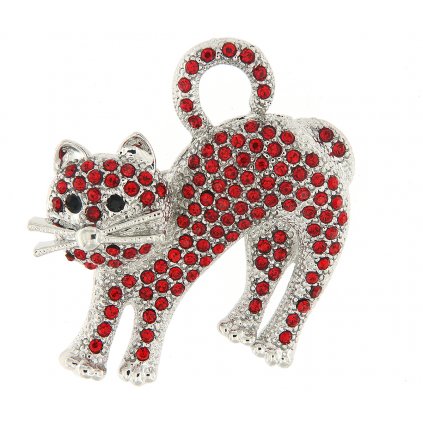 Brož - kočka s broušenými kamínky, červené barvy 9001696-1