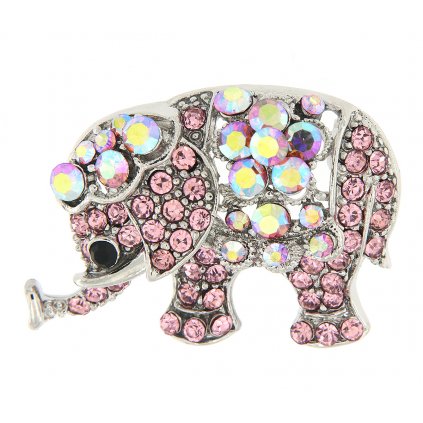 Brož - slon s broušenými kamínky, růžové barvy 9001678-3