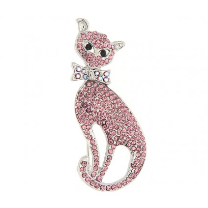 Brož - kočička s mašlí a broušenými kamínky, růžové barvy 9001686