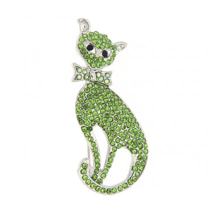 Brož - kočička s mašlí a broušenými kamínky, zelené barvy 9001686-1