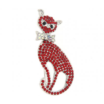 Brož - kočička s mašlí a broušenými kamínky, červené barvy 9001686-4