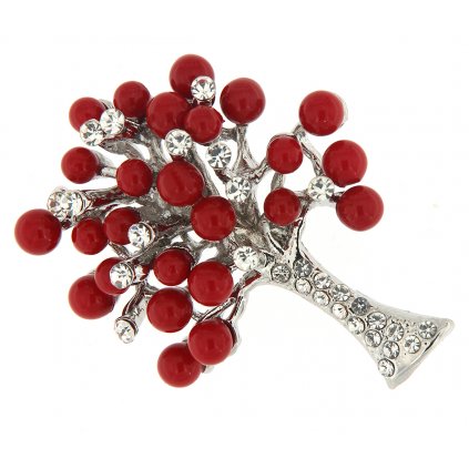 Brož - strom života s broušenými kamínky a červenými perličkami 9001695