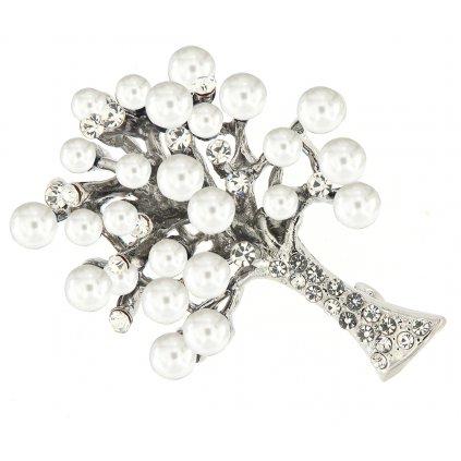 Brož - strom života s broušenými kamínky a bílými perličkami 9001695-3