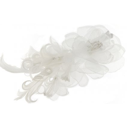 Brož / spona do vlasů - bílá květina s peřím 8000827