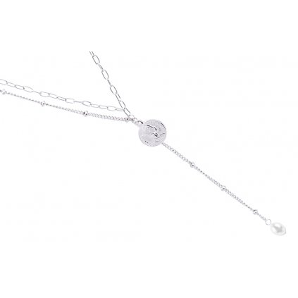 Rhodiovaný řetízek s přívěskem, kombinovaný s bílými perličkami a medailonem 3001920