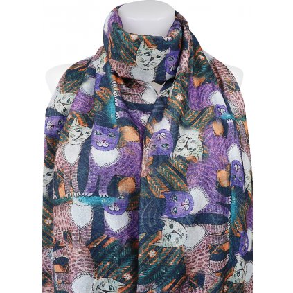 Dámský teplý obdélníkový šál 3013-7 s potiskem koček, fialové barvy 7200669-1