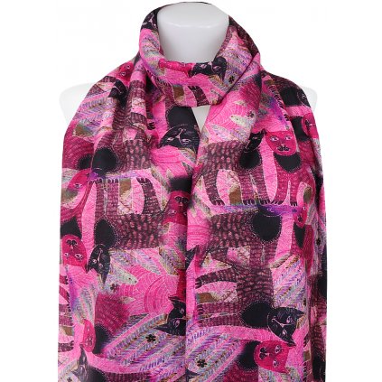 Dámský teplý obdélníkový šál 3013-7 s potiskem koček, růžové barvy 7200669-3