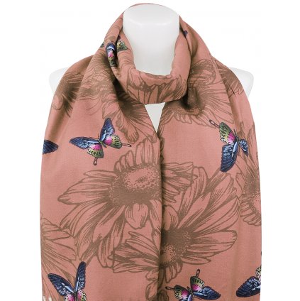 Dámský kašmírový obdélníkový šál 23115-5 s potiskem motýlů, pudrově růžové barvy 7200673-6